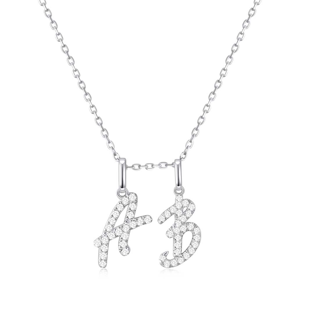 Classic Script Duo Initial Necklace White Gold (AB) - Eclat by Oui