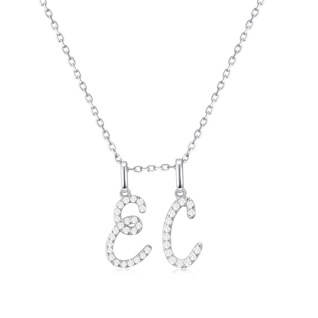 Classic Script Duo Initial Necklace White Gold (EC) - Eclat by Oui