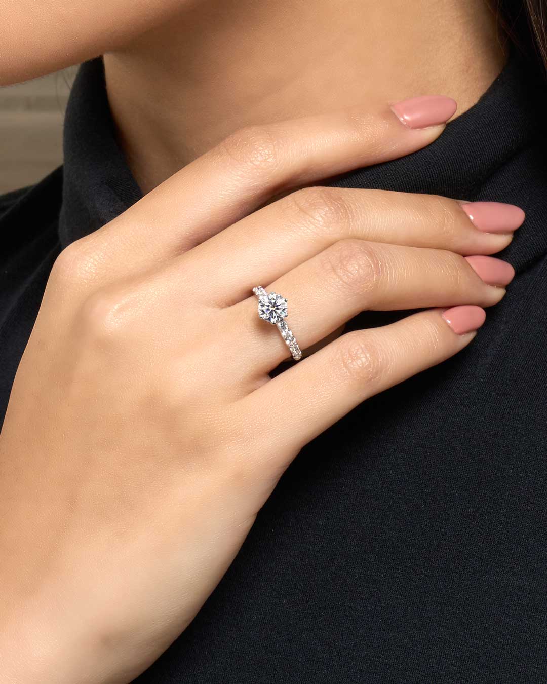 Diana Round Solitaire Pave Ring (6 Prong) WG 1CT (Model) - Éclat by Oui