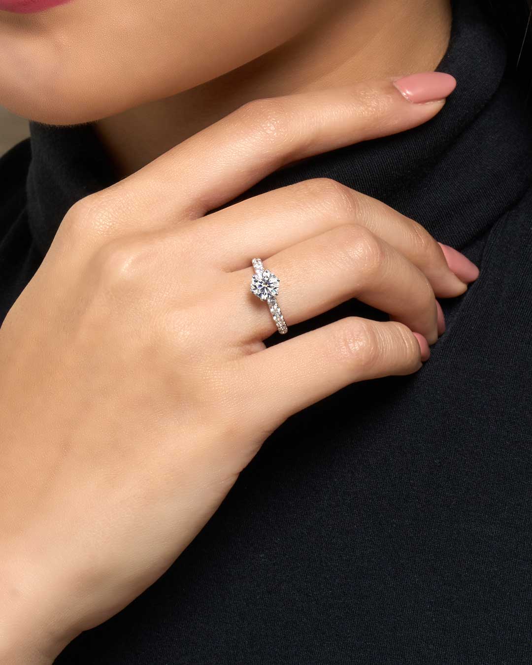 Diana Round Solitaire Pave Ring 1CT (6 Prong) (Model) - Eclat by Oui