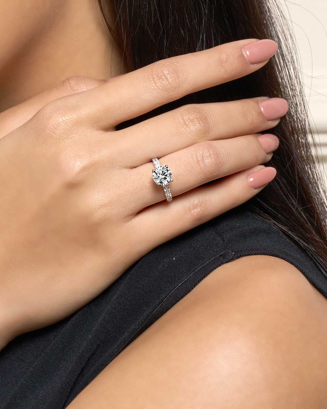 Diana Round Solitaire Pave Ring 2CT (4 Prong) (Model) - Eclat by Oui