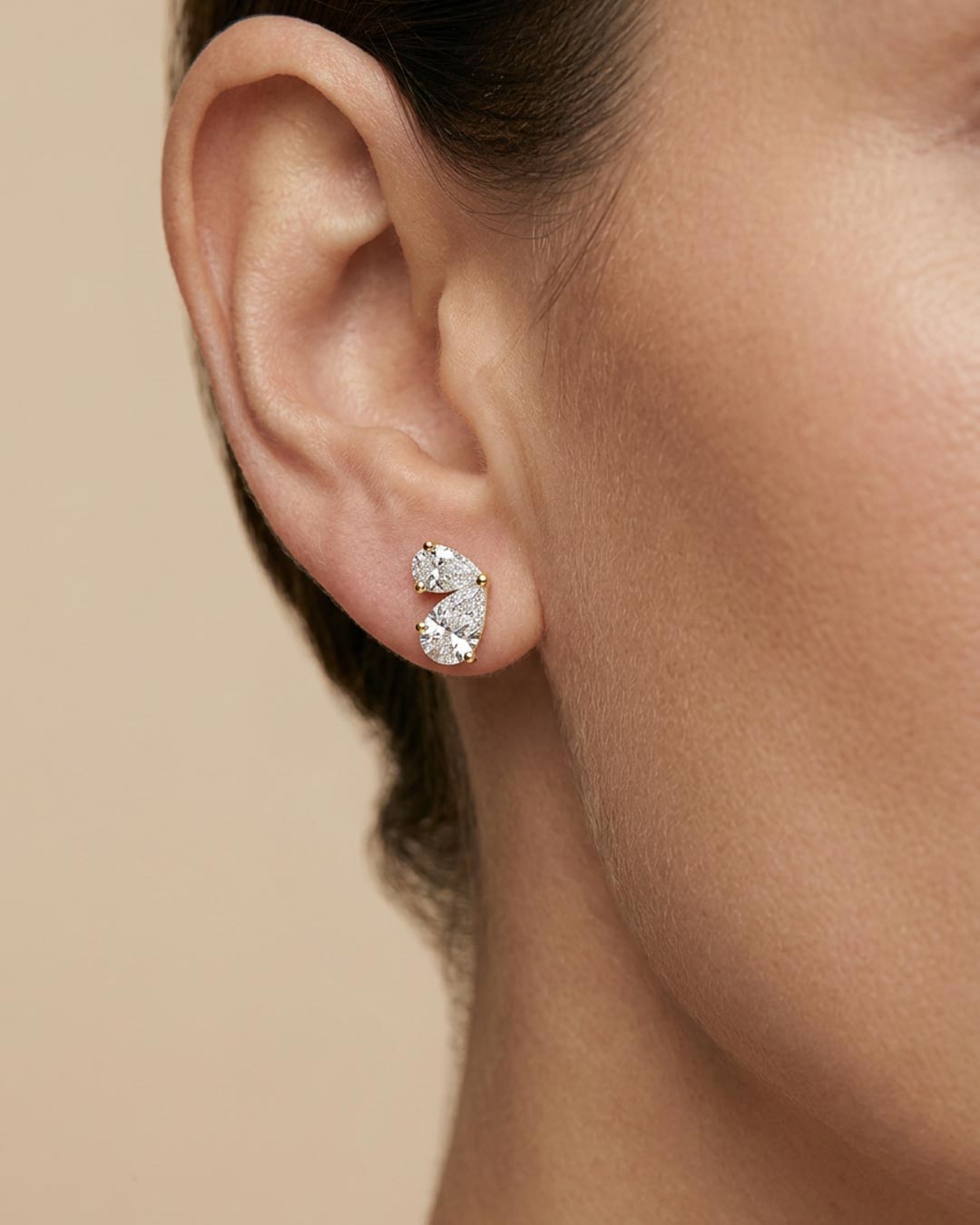 Double Pear Ear Studs CloseUp (AI Model) - Éclat by Oui
