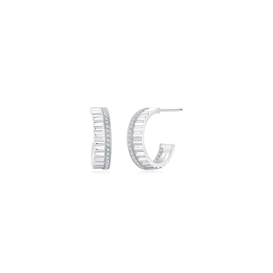 Fluted Earrings (White Gold) with Pave Stones - Eclat by Oui