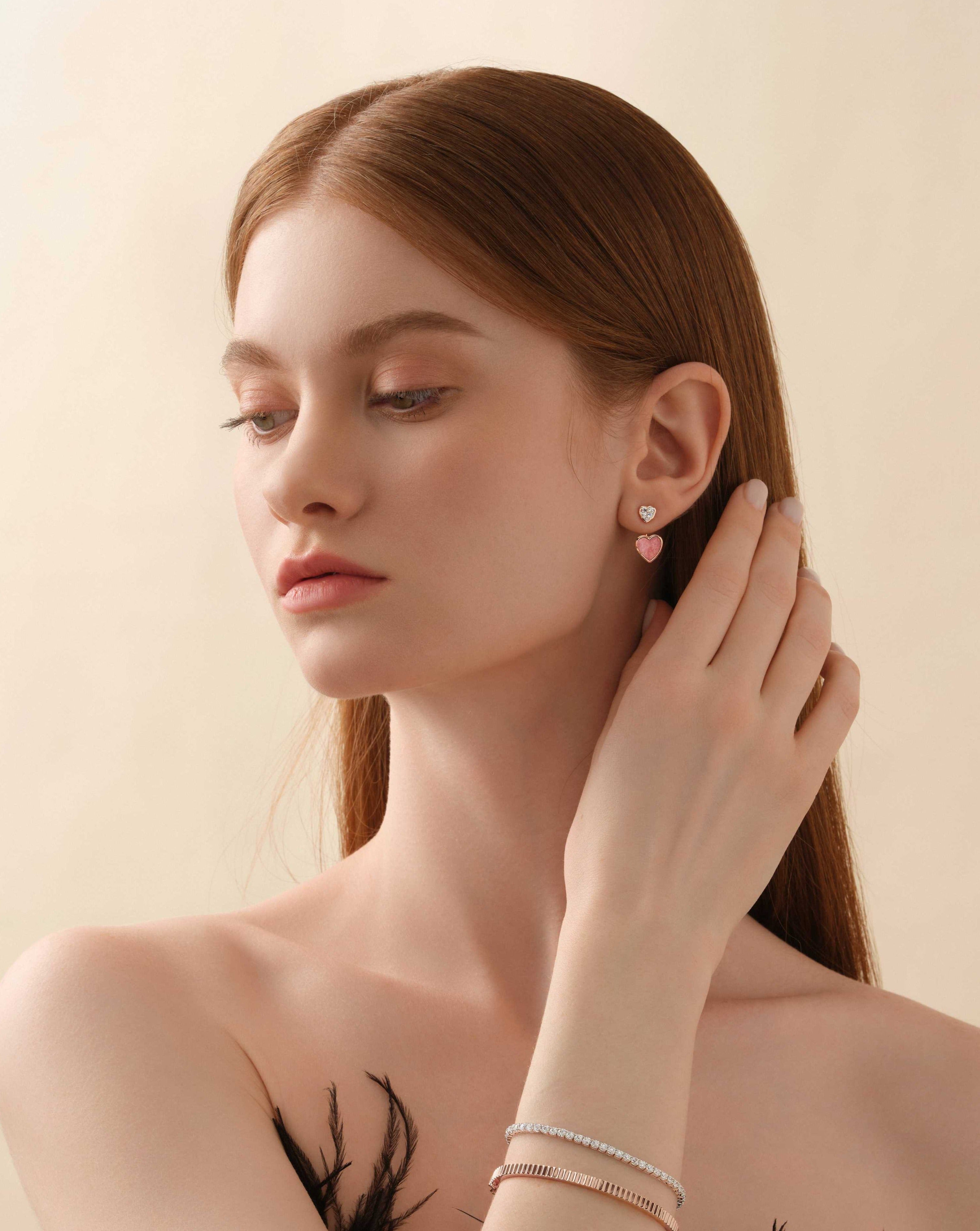 My Heart Rhodonite Ear Studs (Rose Gold) (Model) - Eclat by Oui
