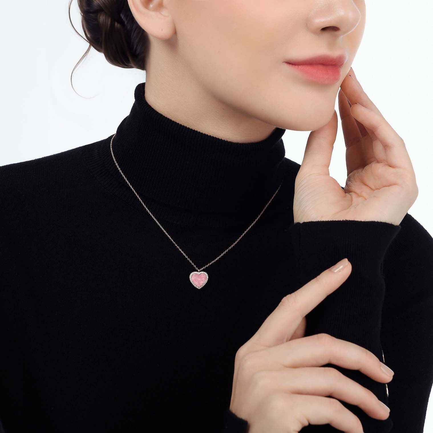 My Heart Rhodonite Pendant Necklace with Halo (Rose Gold) (Model) - Eclat by Oui