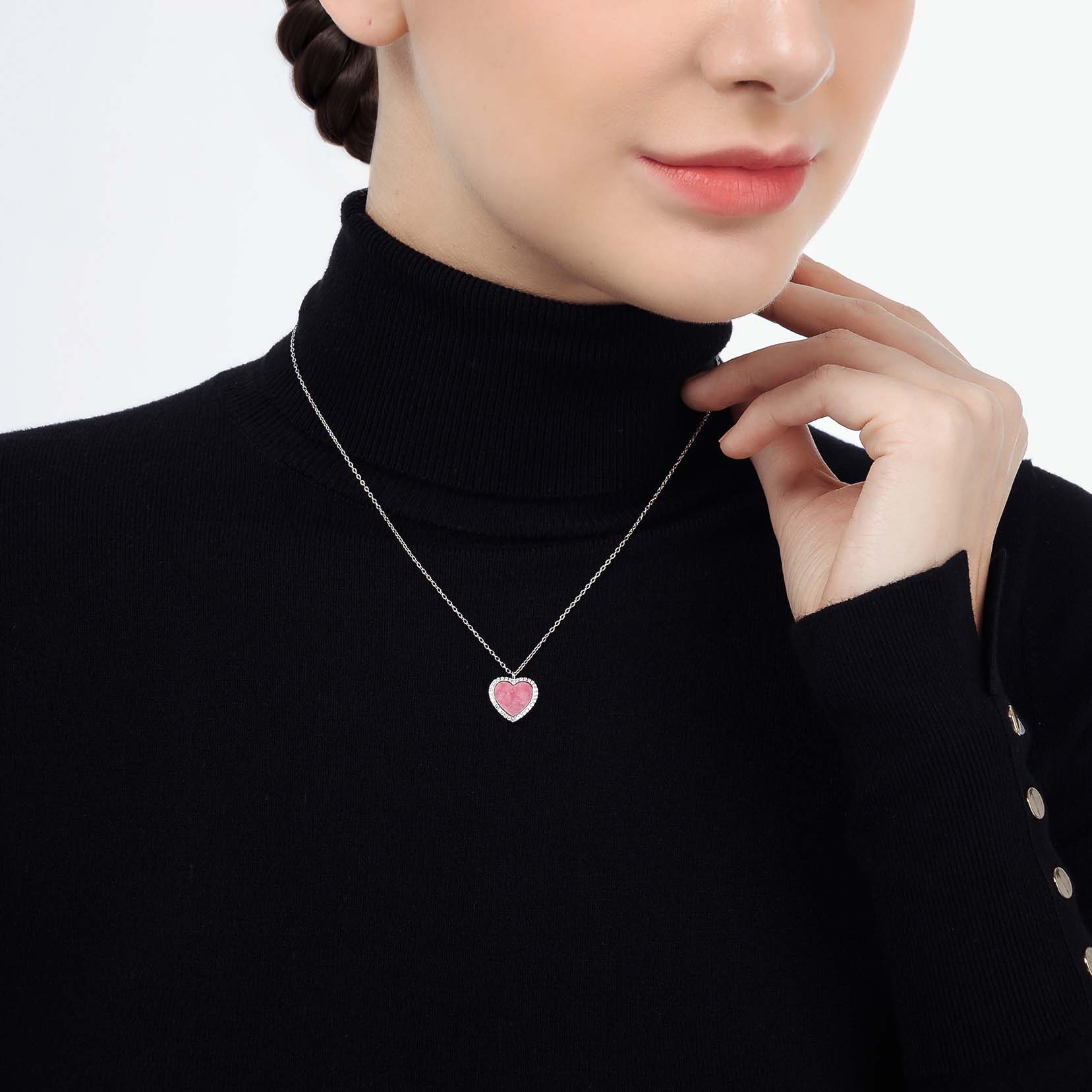 My Heart Rhodonite Pendant Necklace with Halo (White Gold) (Model) - Eclat by Oui