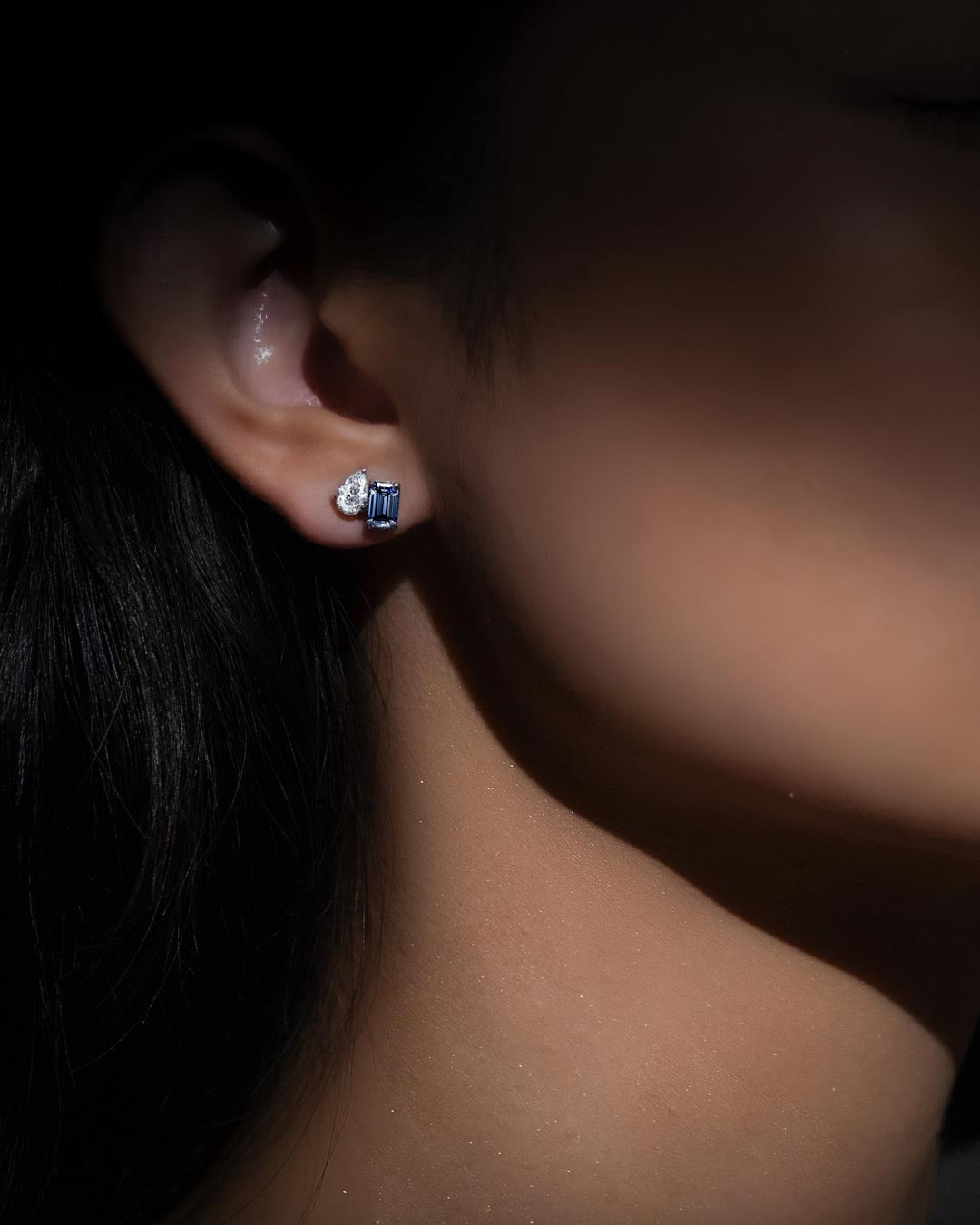 Toi et Moi Step Ear Studs (Pear + Moonmist Emerald) (Model) - Eclat by Oui