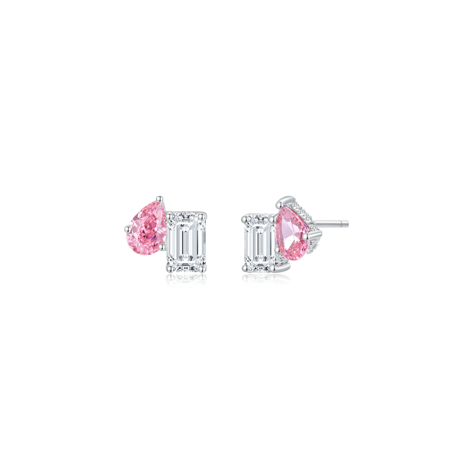 Toi et Moi Step Ear Studs (Pink Pear + Emerald) (White Gold) - Eclat by Oui